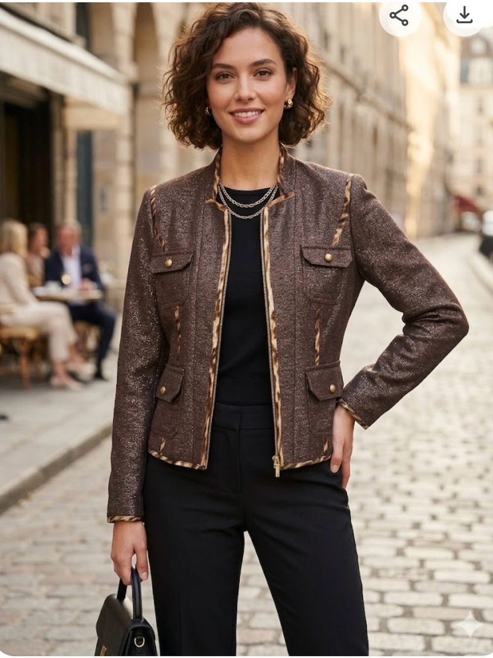 Cache Metallic Brown Zip Jacket with Leopard-Print Trim